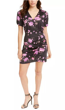NEW LEYDEN Black Floral Satin Ruched Wrap Dress Short Sleeve Size M 3372
